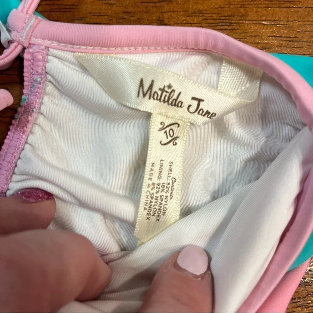 Matilda Jane pink blue flamingo polka dot one piece swim suit size 10